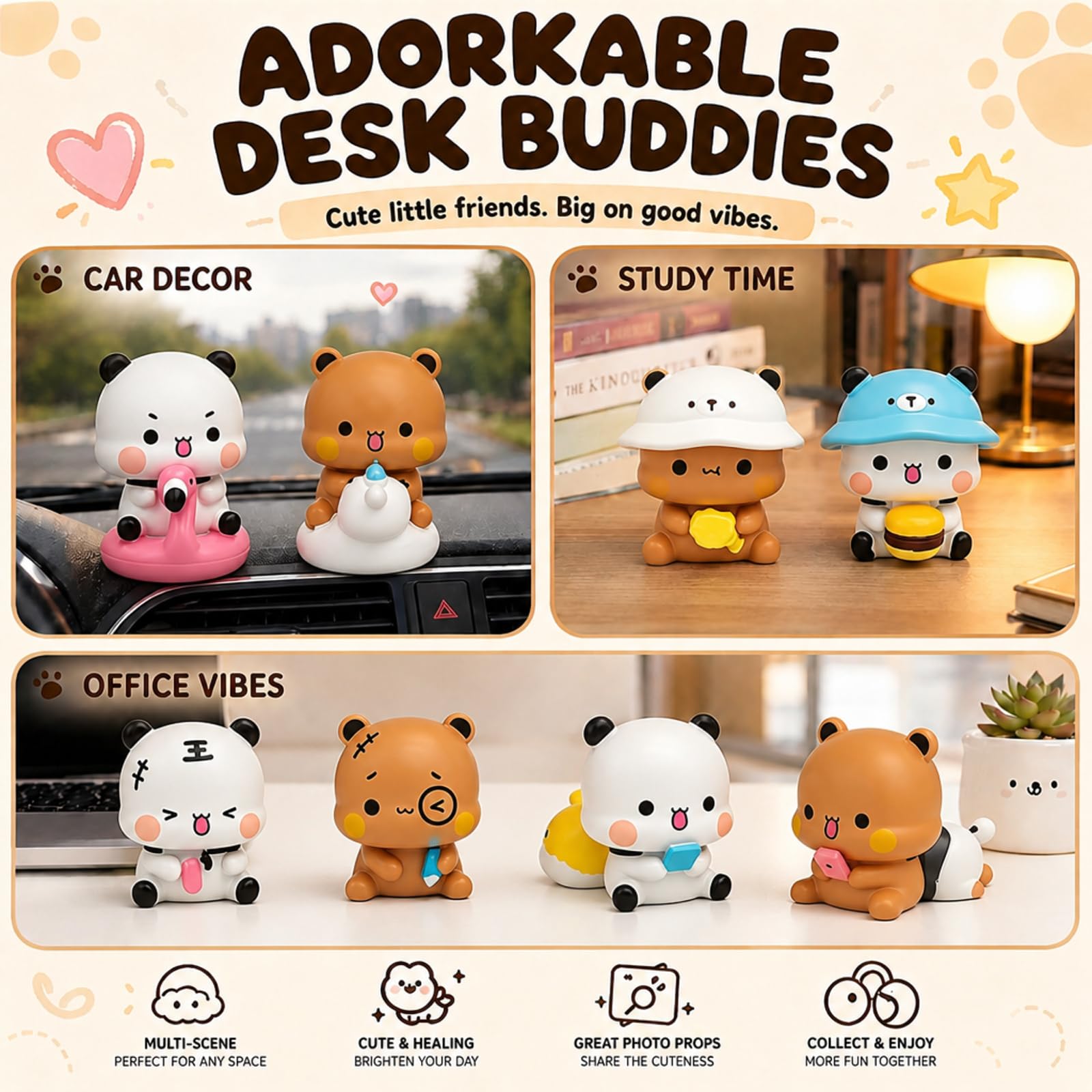 Lot de 4 figurines mobiles pour voiture, Bubu Dudu Kawaii, figurine Bubu Dudu mignonne pour