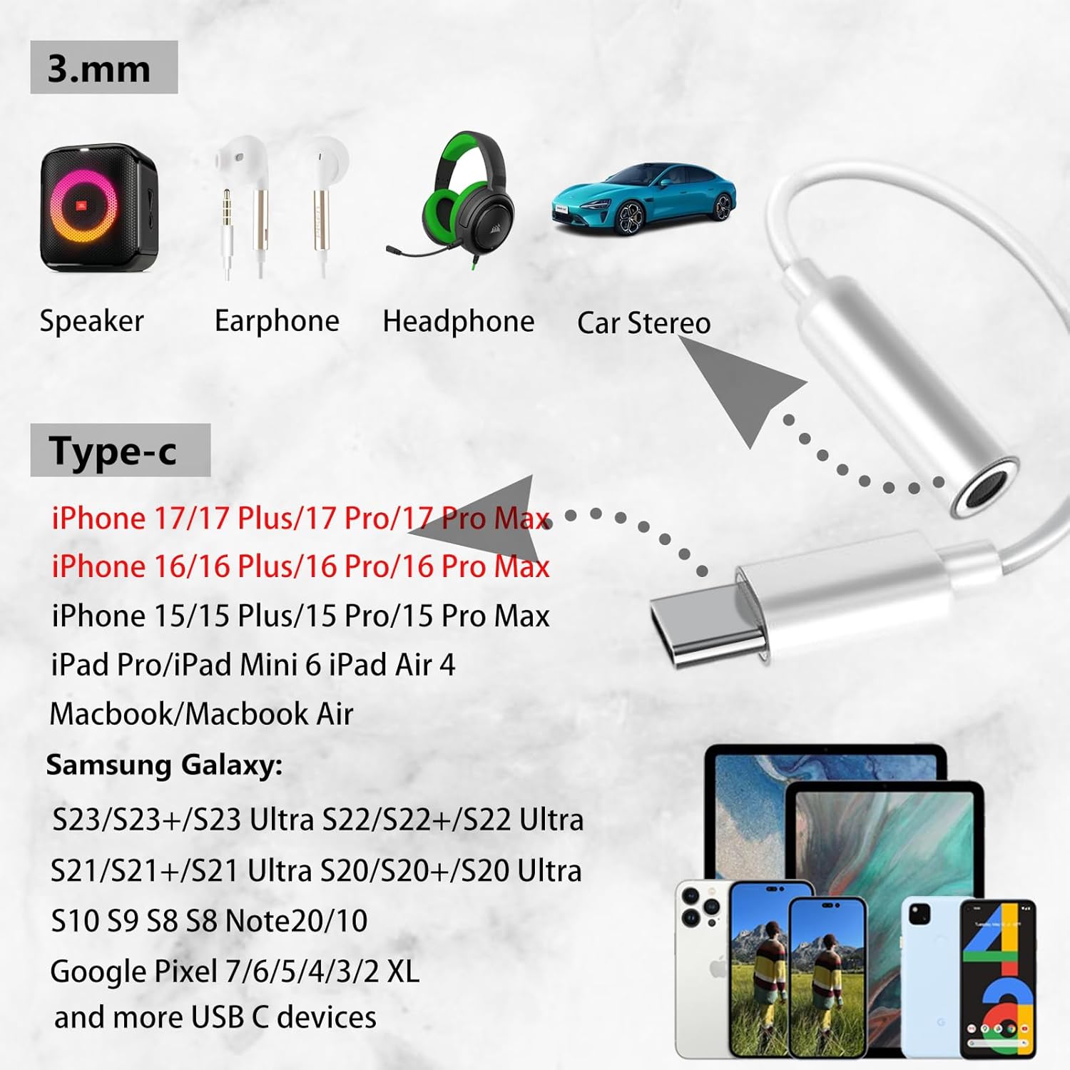 USB C Headphone Adapter iPhone 17 Dongle Type C to 3.5mm Jack Audio Adapter iPhone 16 USBC to Aux Adapter Compatible with iPhone 15, MacBook Pro/Air, Chromebook, Galaxy 2 Pack - Image 2