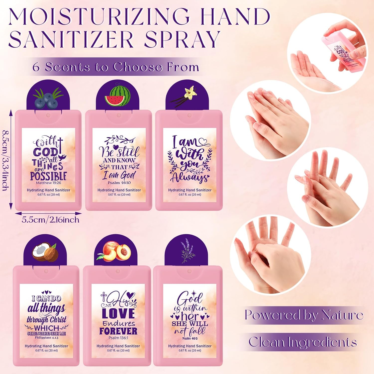 Frienda 24 Pcs Christian Gifts for Women Religious Mother's Day Travel Size Hand Sanitizer Spray Bulk Bible Verse Power Hand Sanitizer Mist for Baptism Favor Church Ministry Teacher Nurse(Cute)