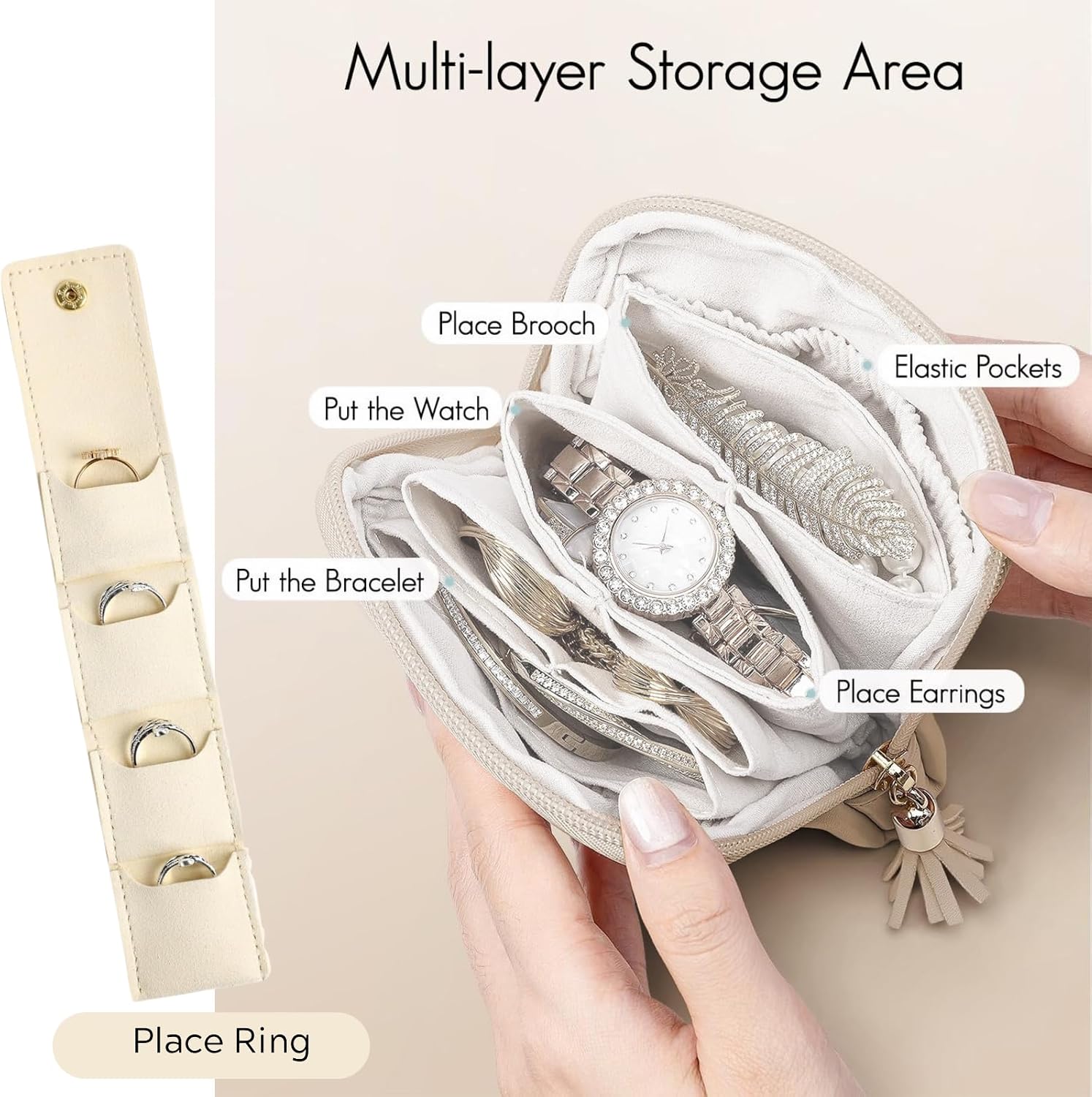 2 PCS Travel Mini Jewelry Organizer Pouch for Rings, Necklaces, Earrings, Bracelets – Compact Portable Jewelry Storage Bag with Protective Lining, Travel Jewelry Storage Bag (Beige)