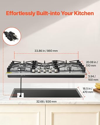 VEVOR 36 inch Gas Cooktop 5 Burners Gas Stove Top, Max 38300BTU Built-in Stainless Steel Stove Top LPG/NG Convertible Dual Fuel Cooktop Stoves with SABAF Dual-Ring Burner for Kitchen Apartment Rvs
