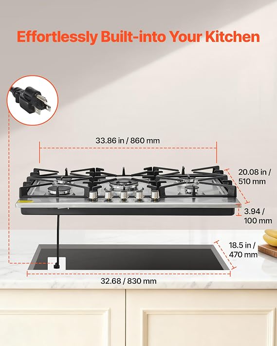VEVOR 36 inch Gas Cooktop 5 Burners Gas Stove Top, Max 38300BTU Built-in Stainless Steel Stove Top LPG/NG Convertible Dual Fuel Cooktop Stoves with SABAF Dual-Ring Burner for Kitchen Apartment Rvs