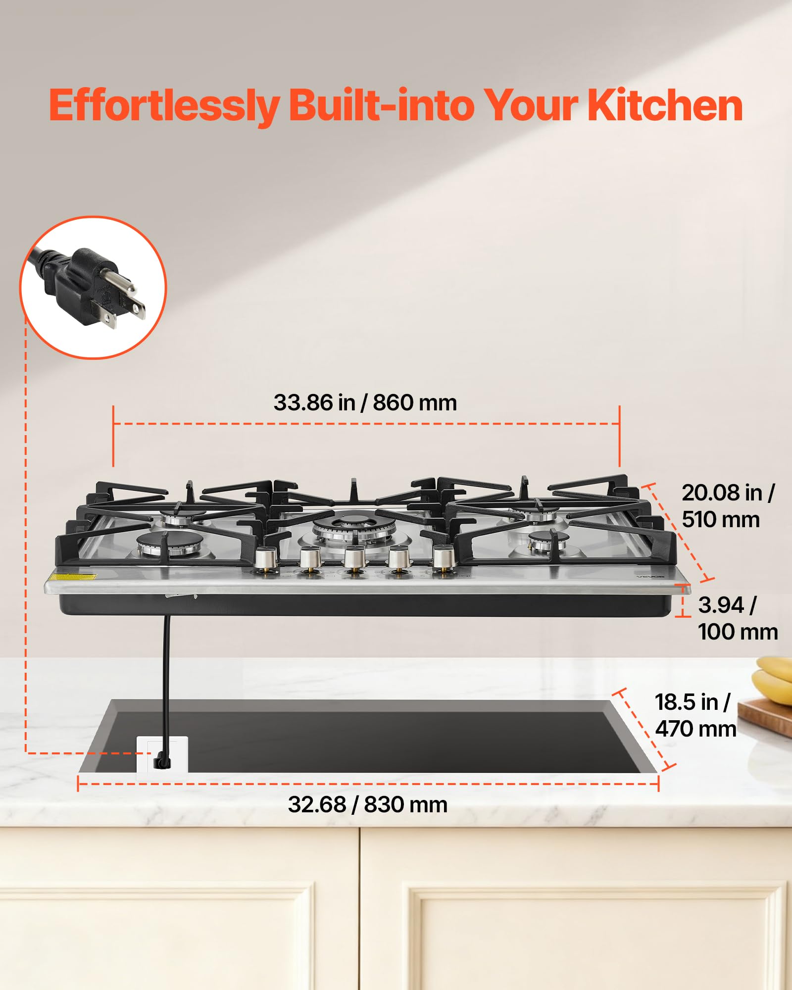VEVOR 36 inch Gas Cooktop 5 Burners Gas Stove Top, Max 38300BTU Built-in Stainless Steel Stove Top LPG/NG Convertible Dual Fuel Cooktop Stoves with SABAF Dual-Ring Burner for Kitchen Apartment Rvs - 2