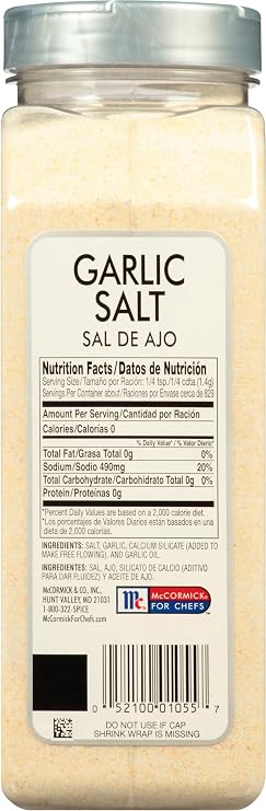 McCormick Culinary Garlic Salt, 41.25 oz - One 41.25 Ounce Container of Garlic Salt Seasoning, Ideal for Soups, Breads, Vegetables, Meats and More