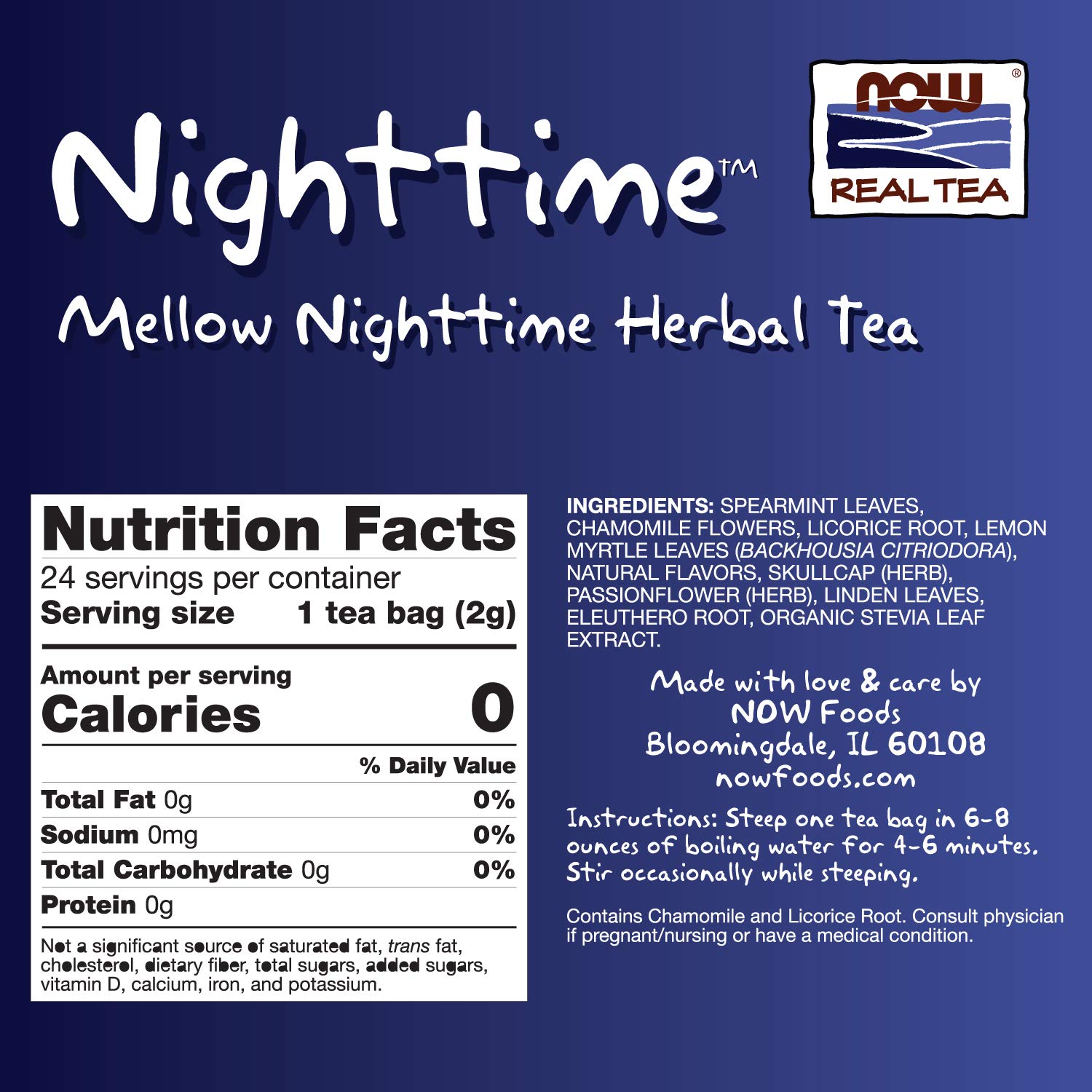 NOW Foods, Nighttime™ Tea, Mellow Nighttime Herbal Tea, Soothing, Relaxing Brew Before Bedtime, Premium Unbleached Tea Bags with No-Staples Design, 24-Count (Pack of 4)