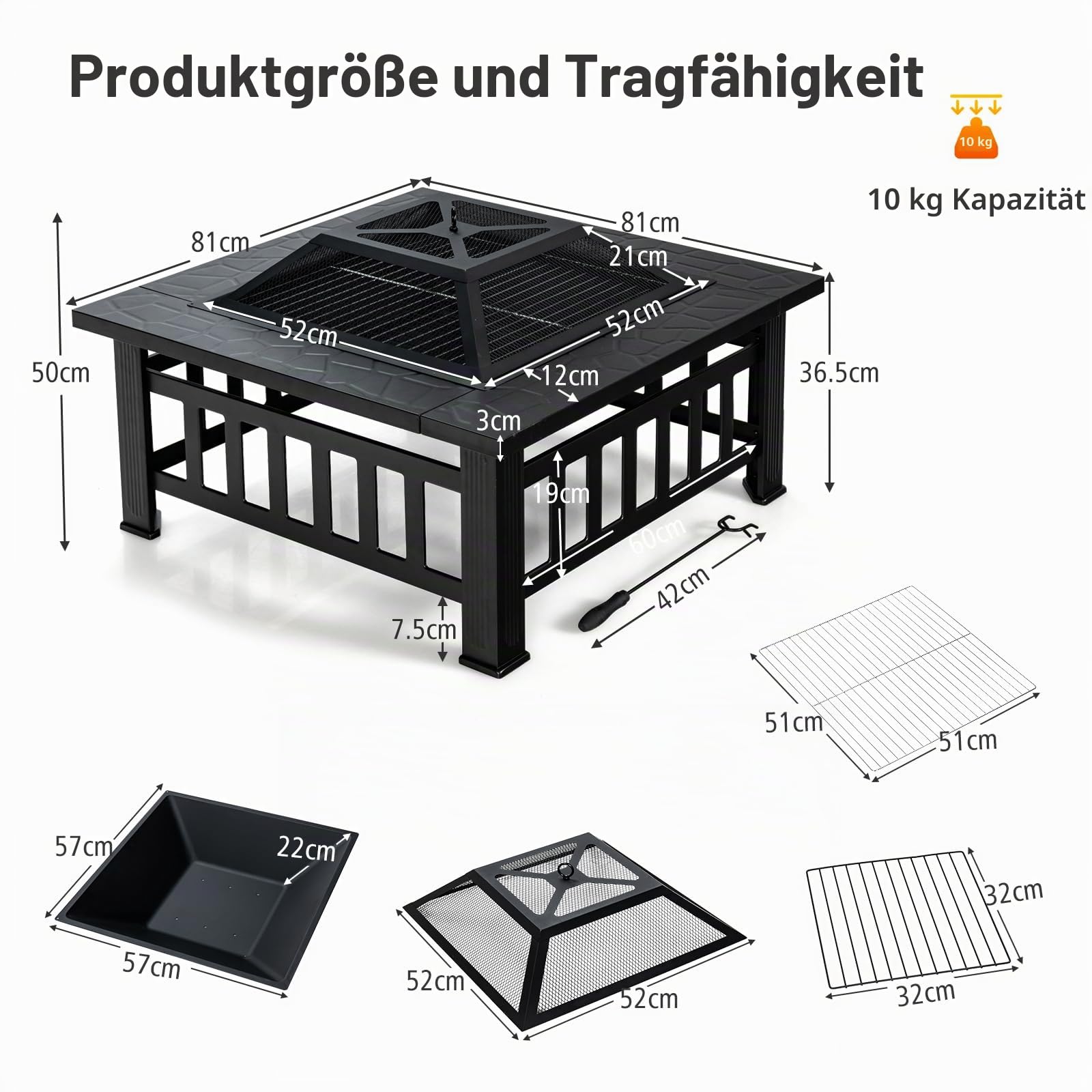 KOMFOTTEU Feuerschale Feuerkorb, Feuerstelle mit Grillrost & Decekl, Flammschale 81 x 81cm Outdoor, Feuerstellentisch inkl. Schürhaken, firepit mit Funkenschutz für Heizung BBQ (Schwarz)