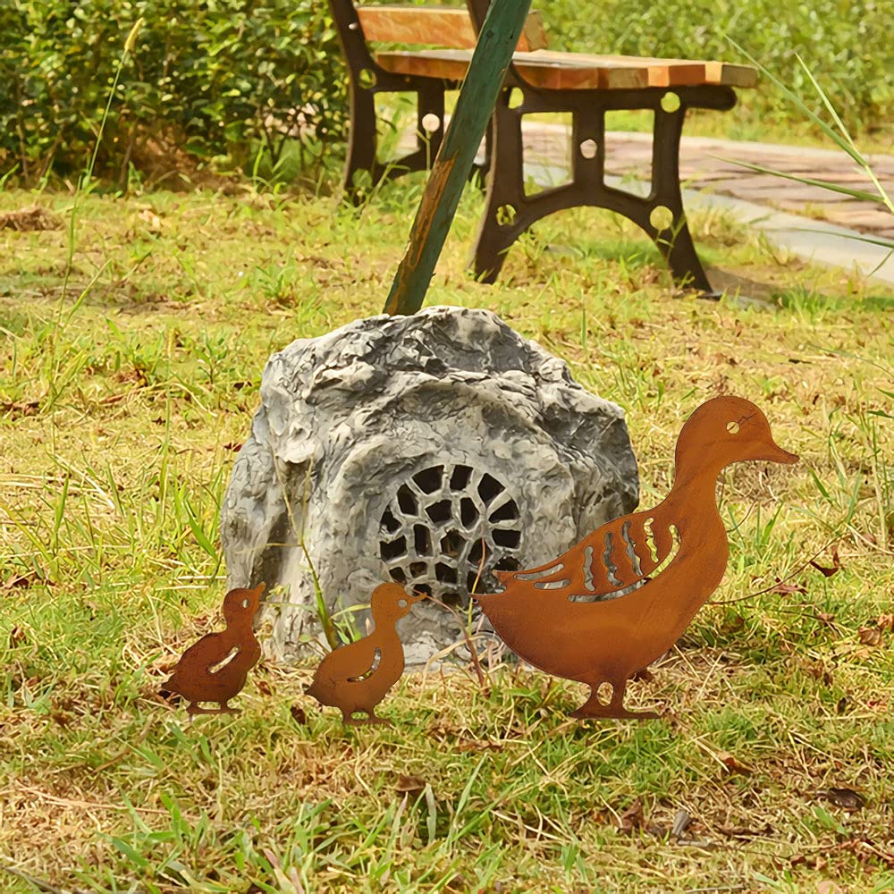 4 paletti da giardino a forma di animale, decorazioni da giardino cave, anatra in metallo, per cortile, prato, decorazione da giardino (giallo)
