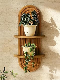 Bamworld Boho Wall Decor Brown Plant Wall Shelf, Mid Century Modern Decor Hanging Plant Shelf, 2-Tier Wooden Floating Shelves for Home, Bathroom Bedroom Living Room, Office Holding Planter Decoration