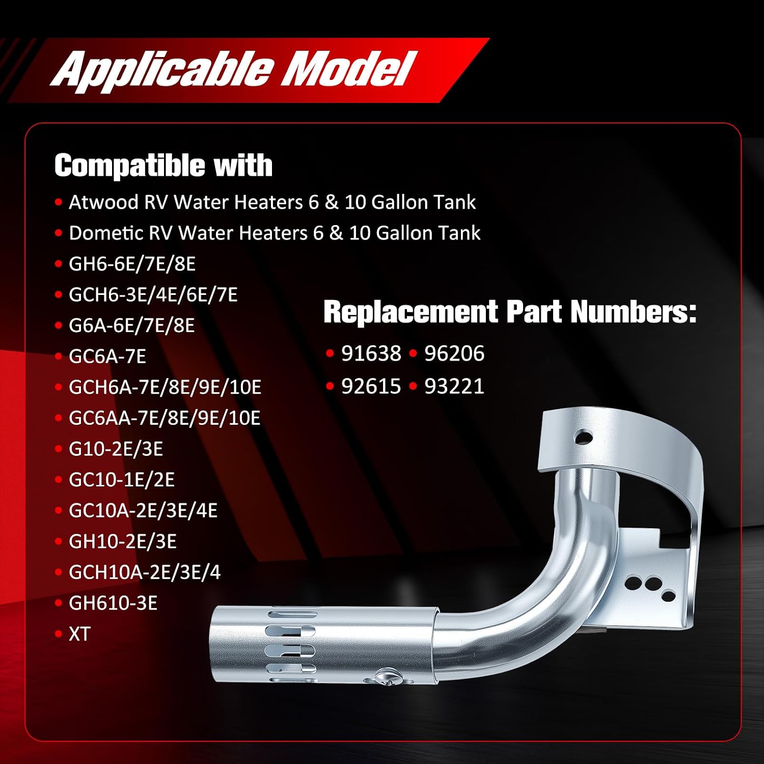 91638 Main Water Heater Burner Tube Assembly RV Main Burner Parts Compatible With Dometic Atwood 6 and 10 Gallon GH6-7E GH6-8E G6A-6E G6A-7E G6A-8E GCH6A-7E Replace# 96206 92615 93221