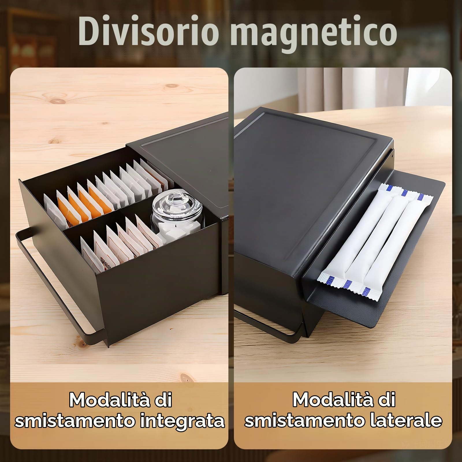 Cassetto da Scrivania per Caffè con Scomparto Magnetico, 27,5x22,2x11,6 cm, Organizer per Capsule Caffè e Bustine Tè