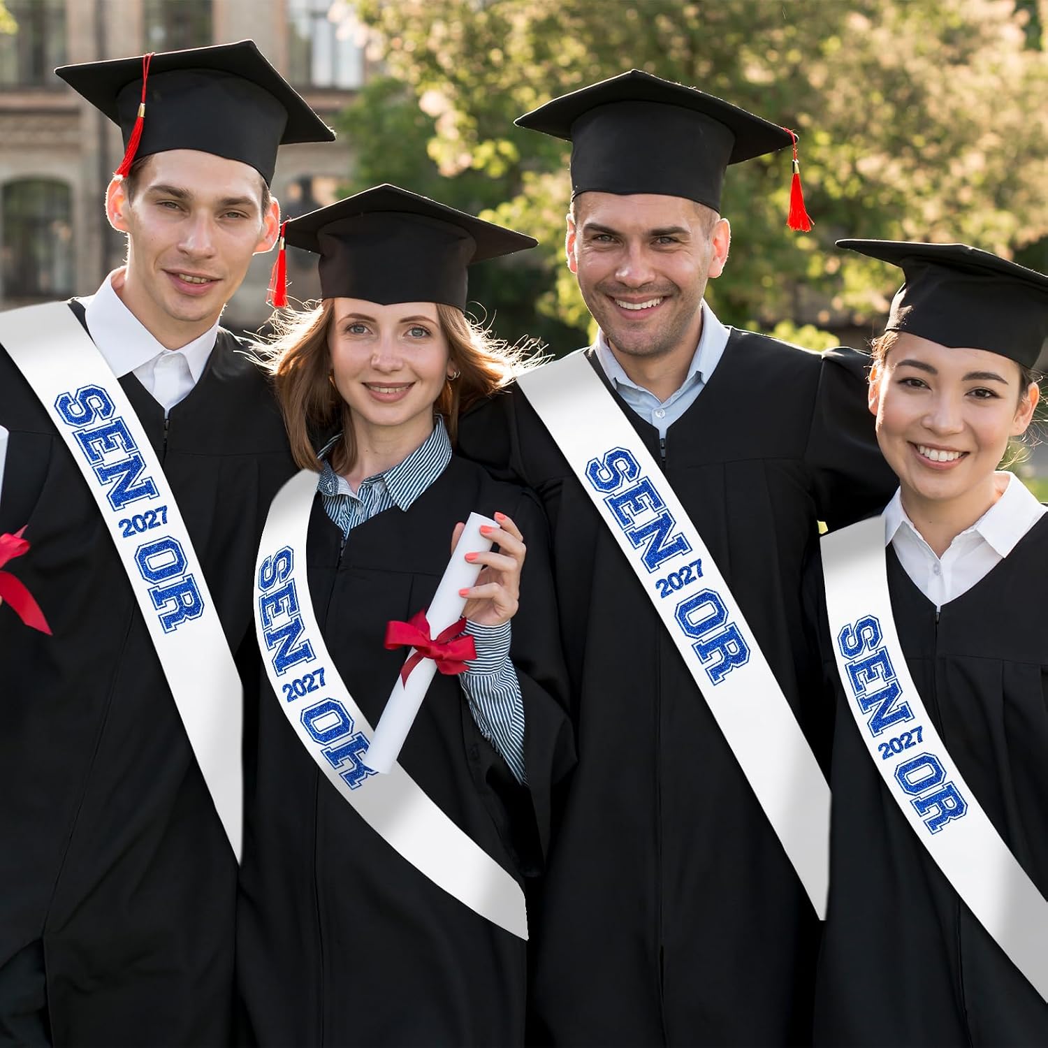 6Pcs White Senior 2027 Sashes with Royal Blue Glitter Printing Letters