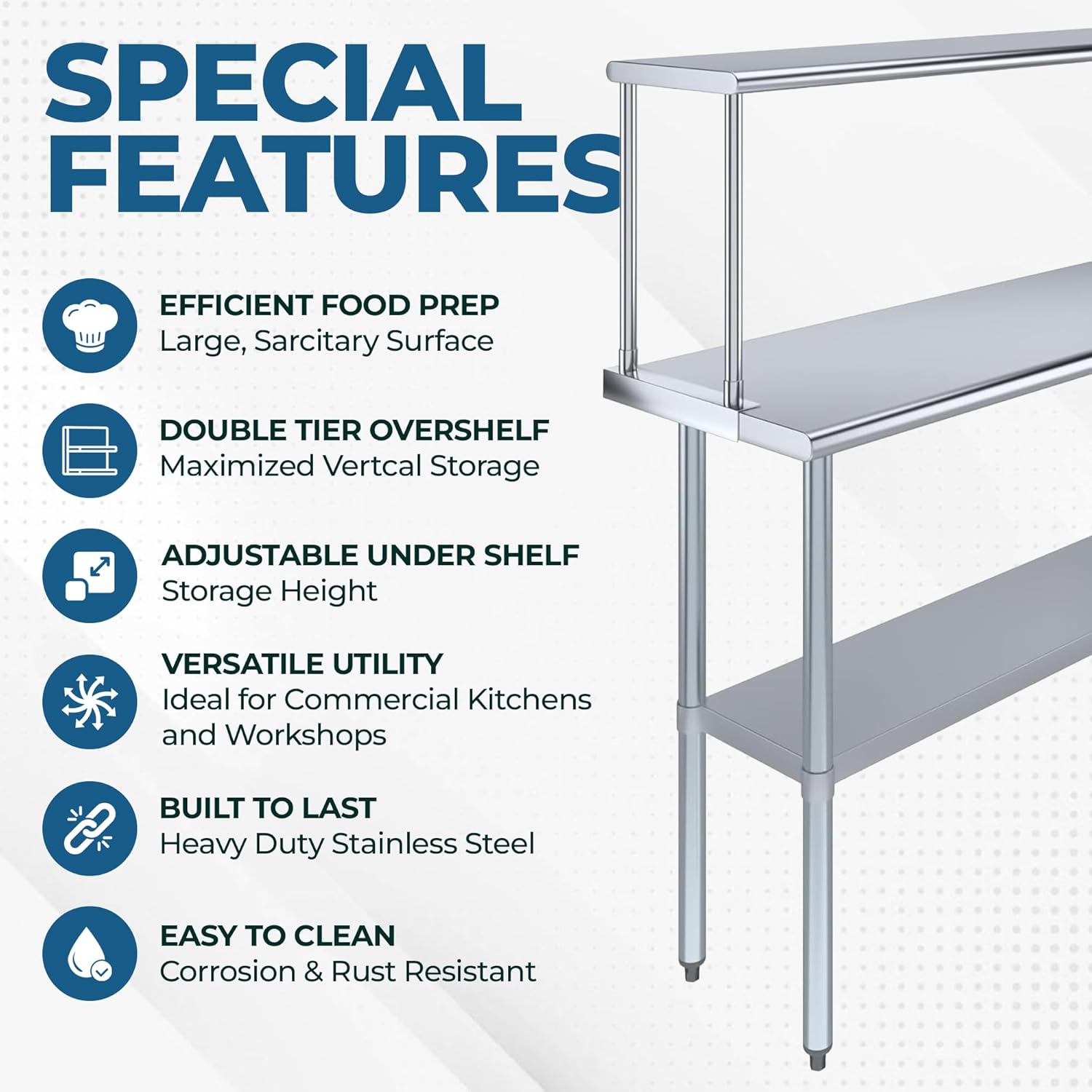 Stainless Steel Work Table with Wide Single Tier Overshelf | Metal Kitchen Prep Table & Shelving Combo (30" x 30" Work Table + 12" Overshelf)
