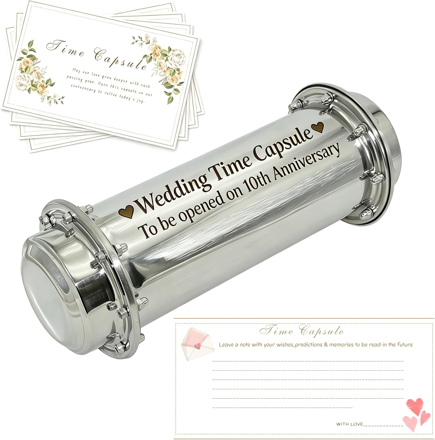 Stainless Steel Wedding Time Capsule with 50pcs Floral Greeting Cards Waterproof Keepsake Set for 10th Anniversary, Bridal Shower, and Wedding Memories (Time Capsule Box+50pcs Cards)