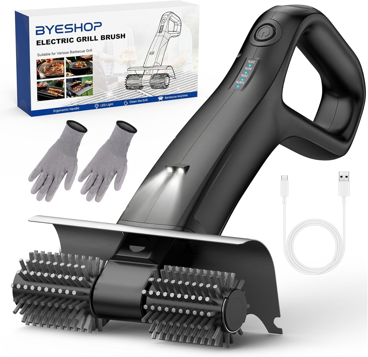 Electric Grill Brush with 2 Replaceable Brush Heads, 800RPM BBQ Grill Cleaner, 25kgf High Torque Cordless Grill Cleaning Brush, 3500mAh Battery, 180Min Runtime, LED Light, Extended Handle & Scraper