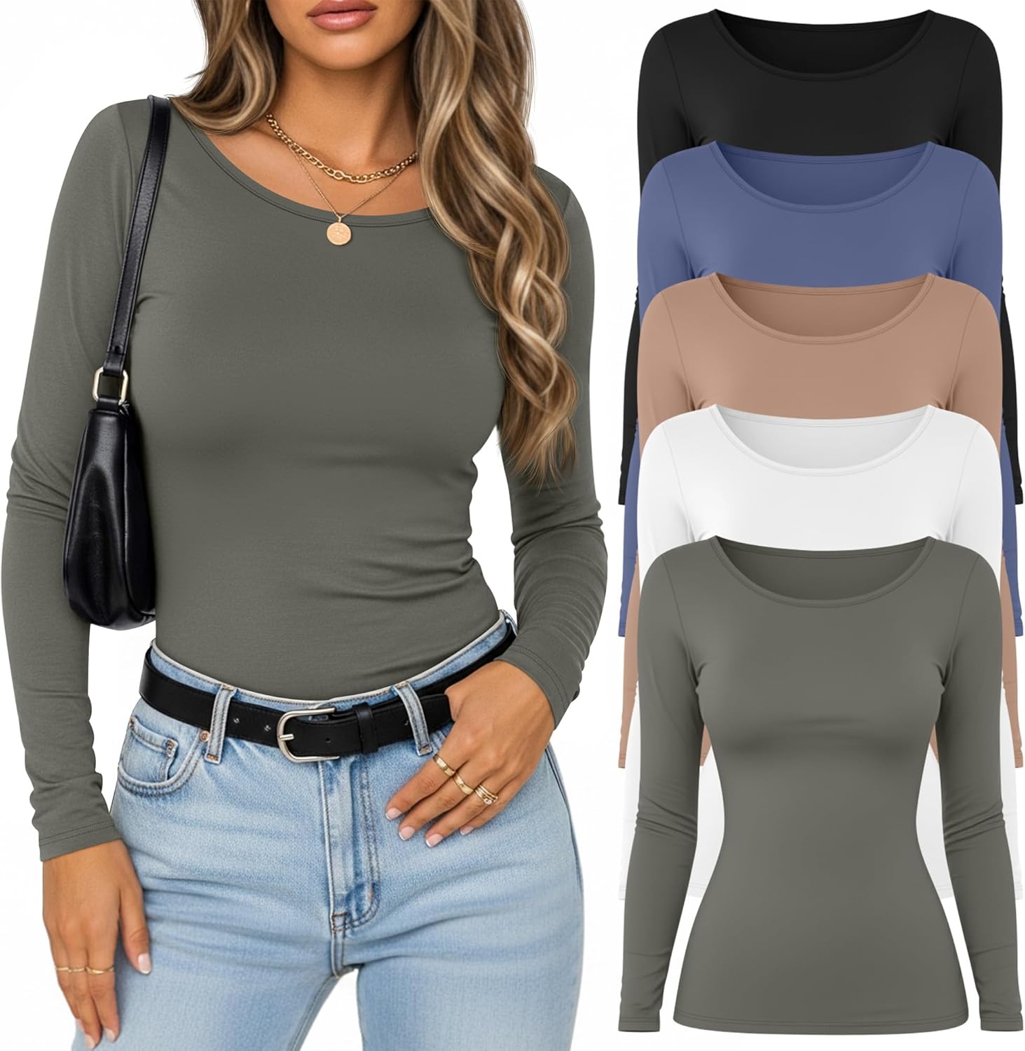 5 Pack Women's Long Sleeve Shirts Scoop Neck Tops Slim Fit Stretchy Undershirts Casual Base Layer Multipack