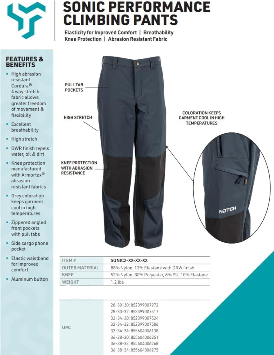 Notch Sonic Gen II Performance Climbing Pants Abrasion-Resistant Cordura 4-Way Stretch Fabric, Excellent Breathability, DWR