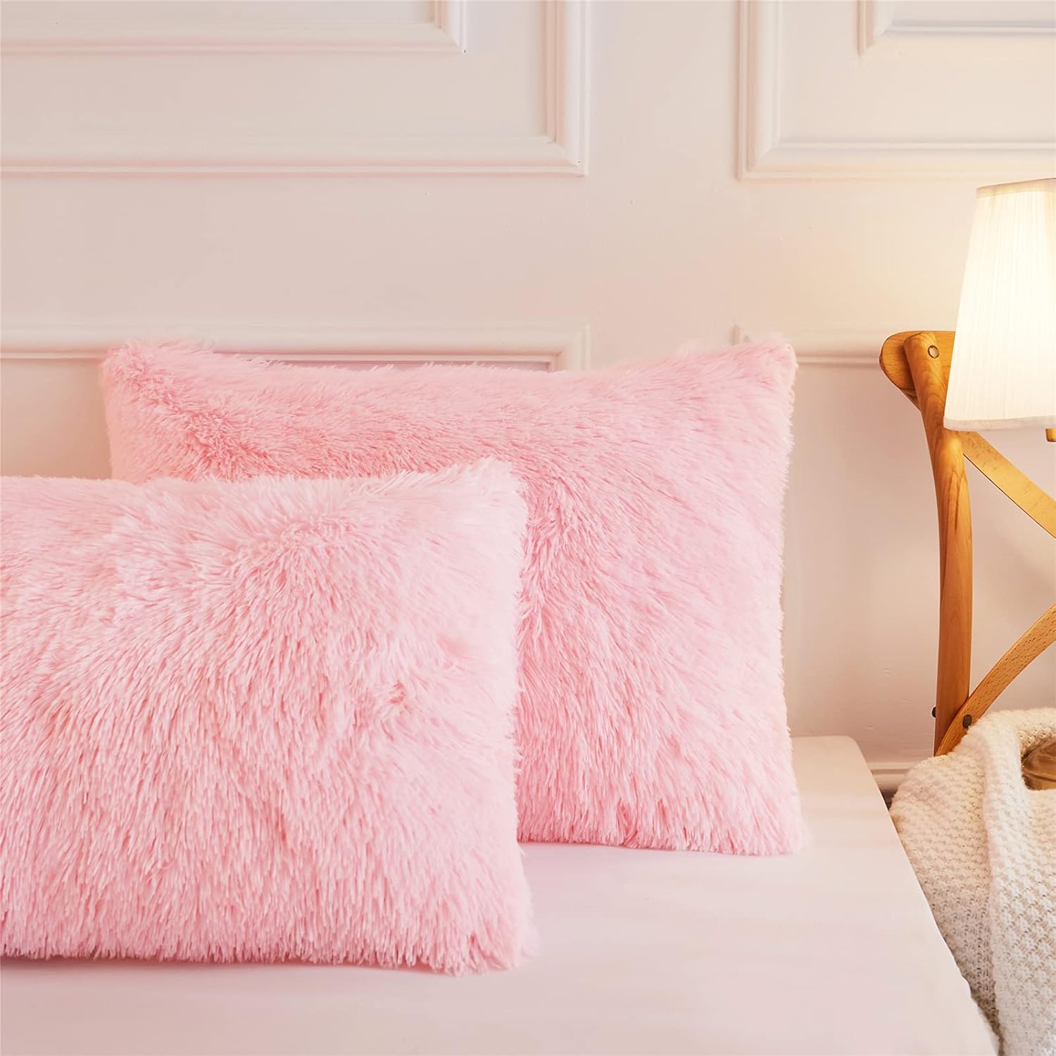 Faux Fur Fluffy Fuzzy Plush Pink Pillow Case Set of 2, Soft Decorative Pillow Covers for Bed, Bedroom, Living Room, Zipper Closure, Standard Size (20"x26", Pink) - Image 4