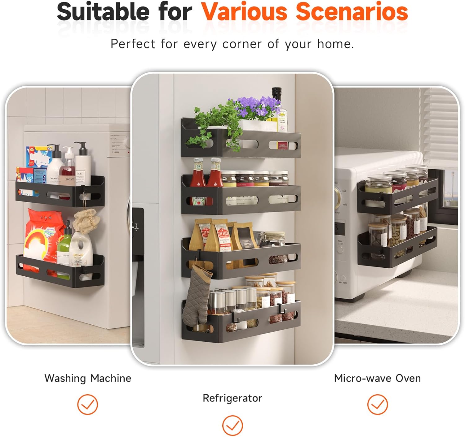 4 Pack Strong Magnetic Spice Rack for Refrigerator, Multipurpose Magnetic Shelf for Fridge with 4 Hooks for kitchen and Bathroom Organization, Black - Image 6