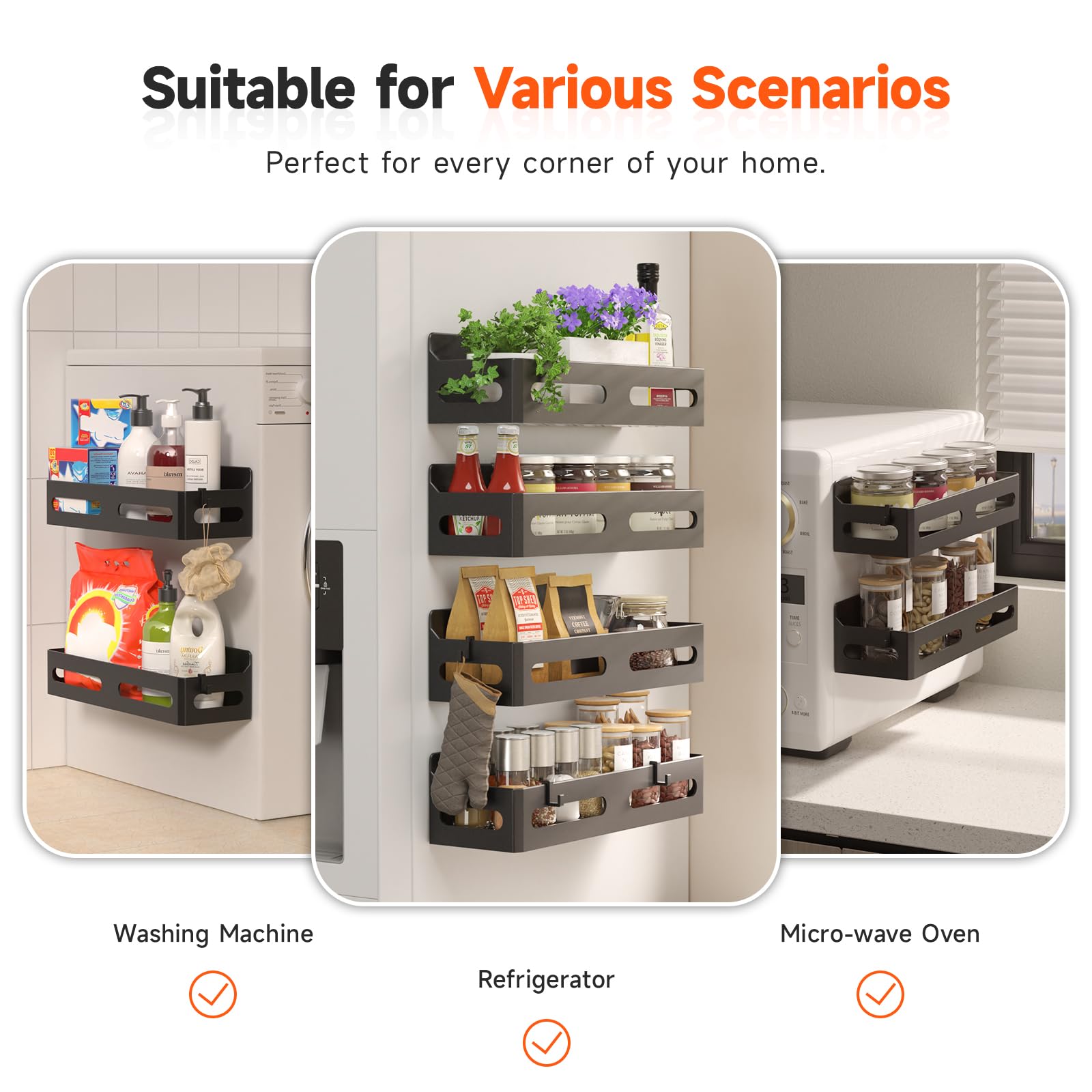 Sevenblue 4 Pack Strong Magnetic Spice Rack for Refrigerator, Multipurpose Magnetic Shelf for Fridge with 4 Hooks for kitchen and Bathroom Organization, Black