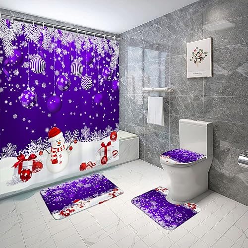 Juego de 4 cortinas de ducha de Feliz Navidad, bolas de Navidad moradas, muñeco de nieve, ramas de pino, invierno, Año Nuevo, decoración de baño con