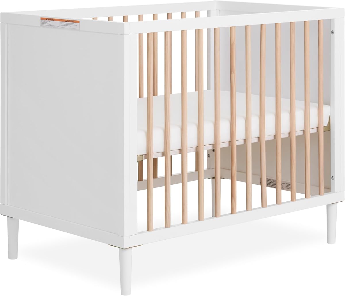 Dream On Me Lucas Mini Convertible Crib in White Oak, Rounded Spindles, Converts from a Baby Crib to Day Bed and Kids Sofa, Perfect for Small Spaces, Three Adjustable Mattress Height Positions
