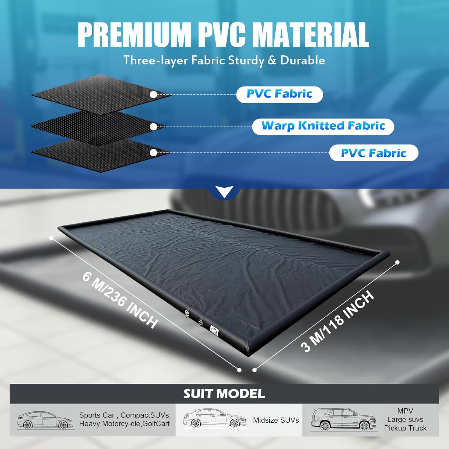 Inflatable Garage Floor Mat, Waterproof Car Wash Mat with High Rise Edge, 9.8FT x 19.6FT Heavy Duty PVC Parking Containment Mat for Snow Mud Oil, Garage Floor Protector for Car SUV Truck Motorcycle