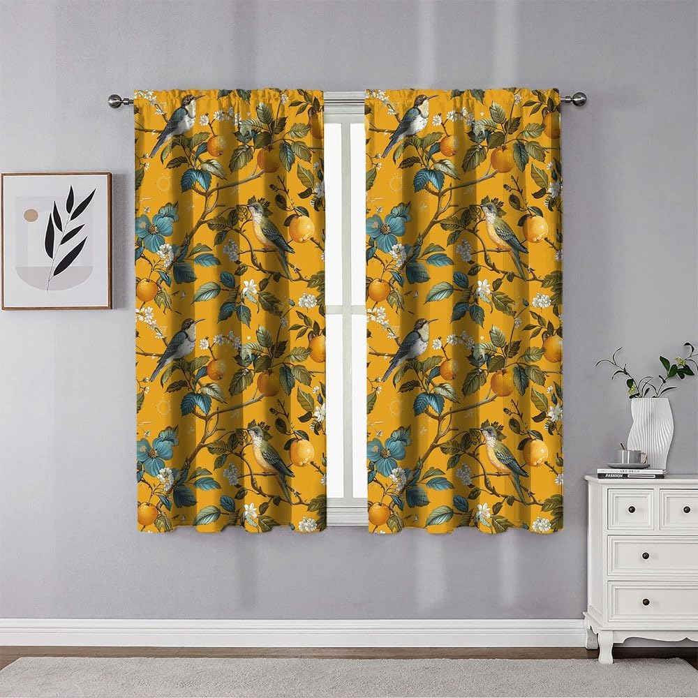 Whimsical Hummingbird Curtains Floral Fruit Mustard Yellow Vintage Patterned Mid Century Colorful Rod Pocket Window Curtains for Bedroom Living Room W42 x L63 Inch