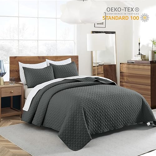 Miniatura 4 de HORIMOTE HOME Juego de edredón tamaño Queen, colcha gris oscuro con patrón de nubes, juego de colcha suave de microfibra ligera acolchada para todas