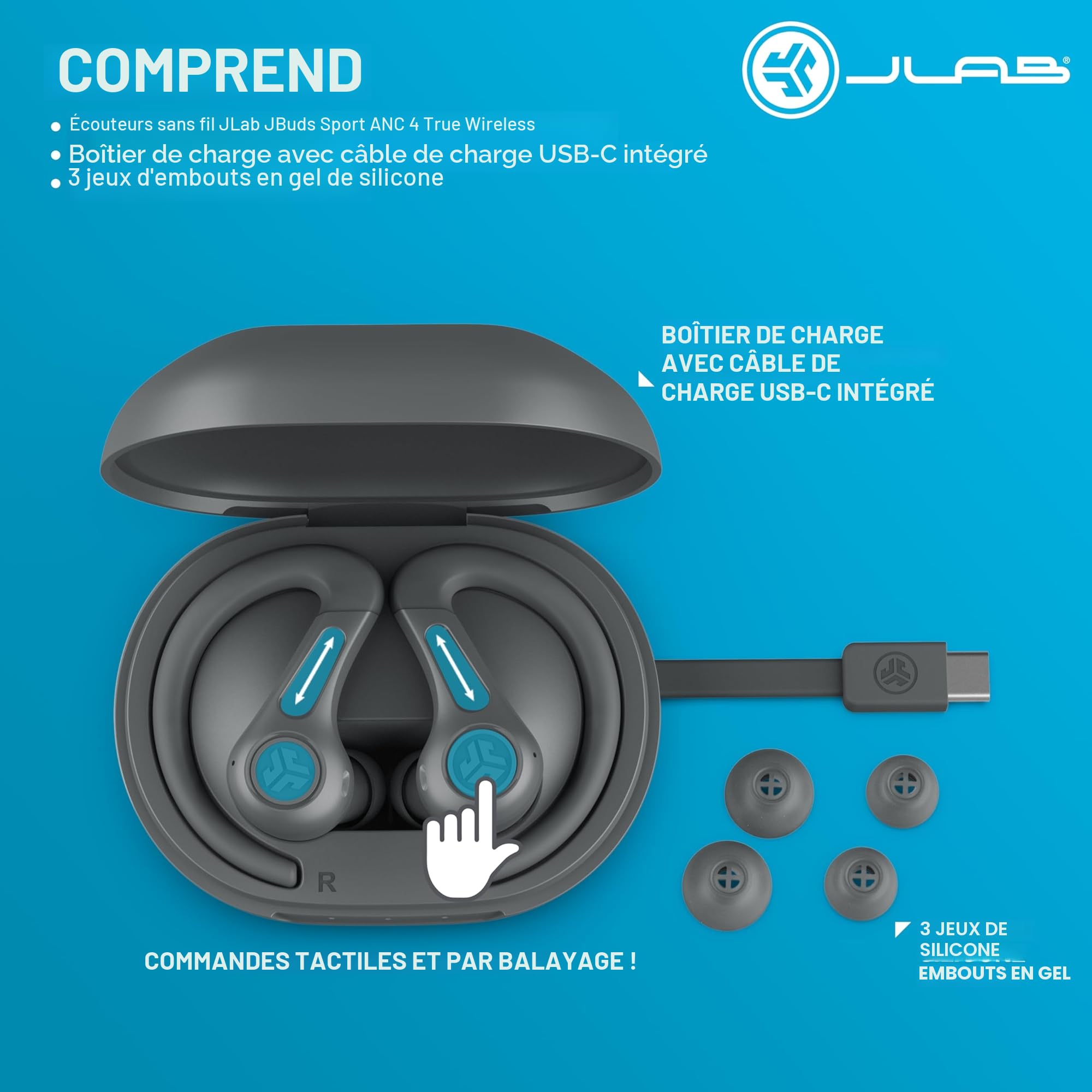 JLab JBuds Sport ANC 4 Écouteurs de Sport Intra-Auriculaires, Bluetooth, 60h+ Autonomie, Réduction de Bruit, True Wireless, Boîtier de Charge USB-C, IP66 Résistant à la Transpiration, Multipoint, Noir