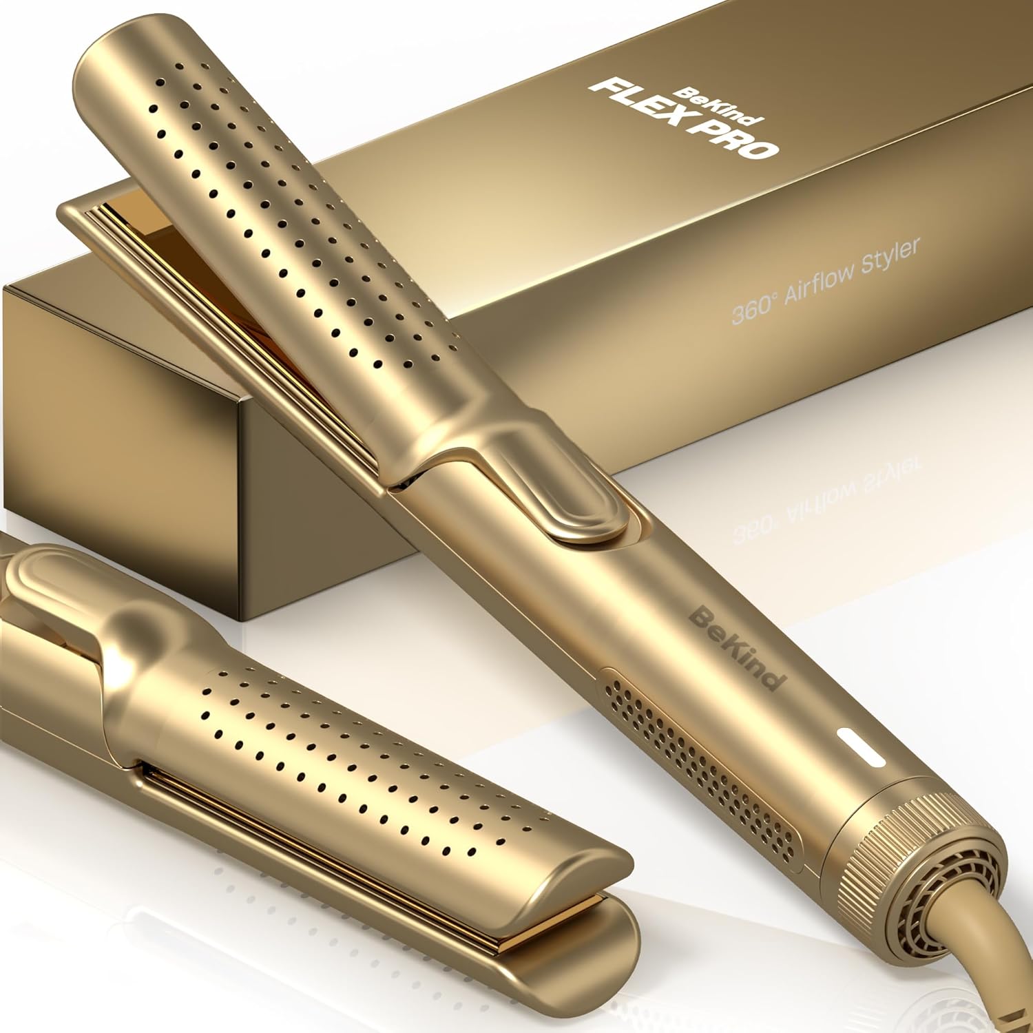 BeKind Flex 2-in-1 360° Hair Styler Flat Iron, Hair Straightener and Curler for All Styles, Floating Plates Design, Airflex Lower Temp for Better Styling, Gift for Girls and Women – Golden