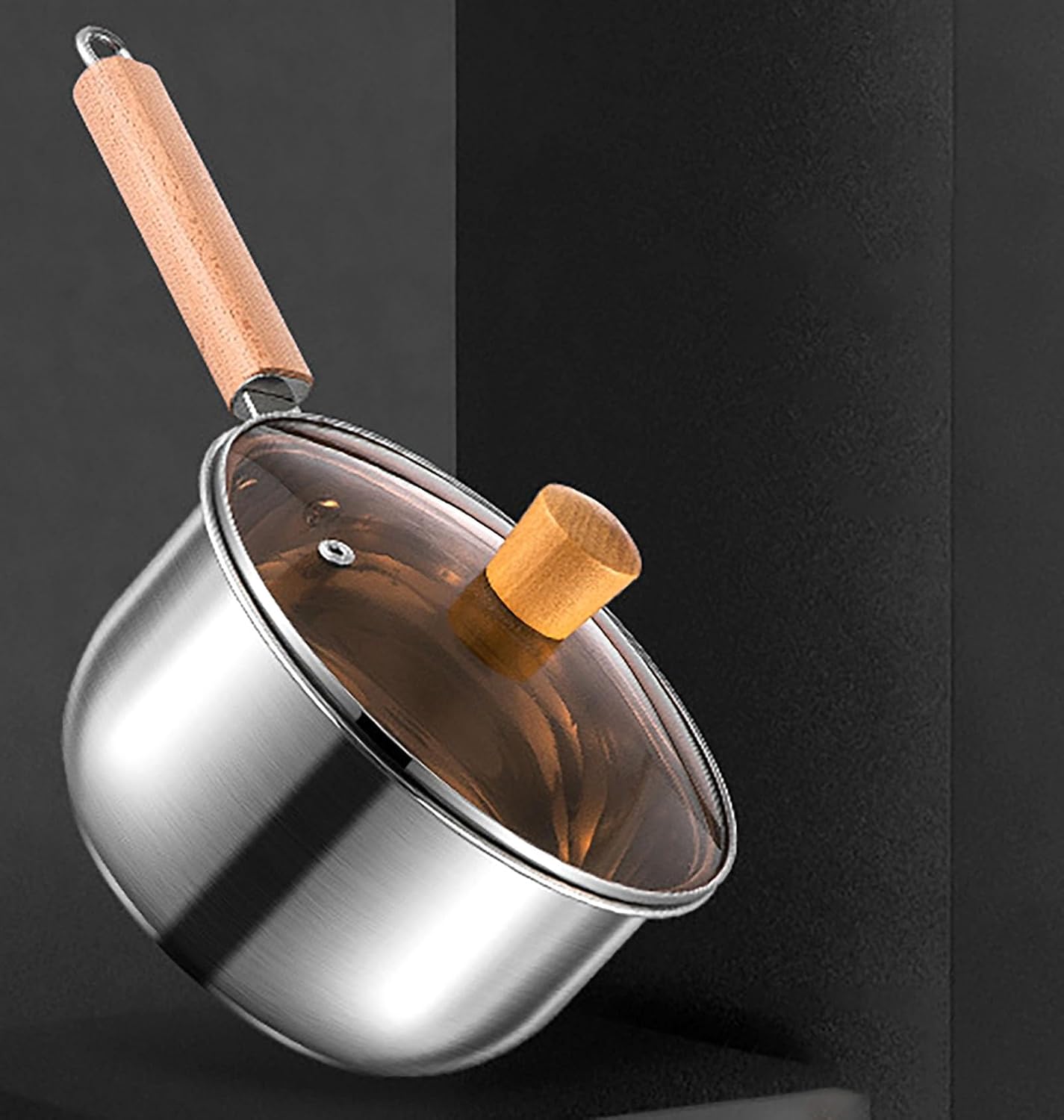 Thickened Milk Pot, 1.3 Quart Long Handle Stainless Steel Saucepan with Wood Lid for Cooking, Boiling Milk, Spaghetti, Soup in Kitchen and Outdoor (S)