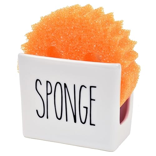 Heartland Home Porcelain Sponge Holder for Kitchen Sink. Compact Sink Caddy Organizer - Scrub Daddy Compatible Dish Sponge Holder. Ceramic Black and White Kitchen Decor and Cute Kitchen Accessories - SPONGE