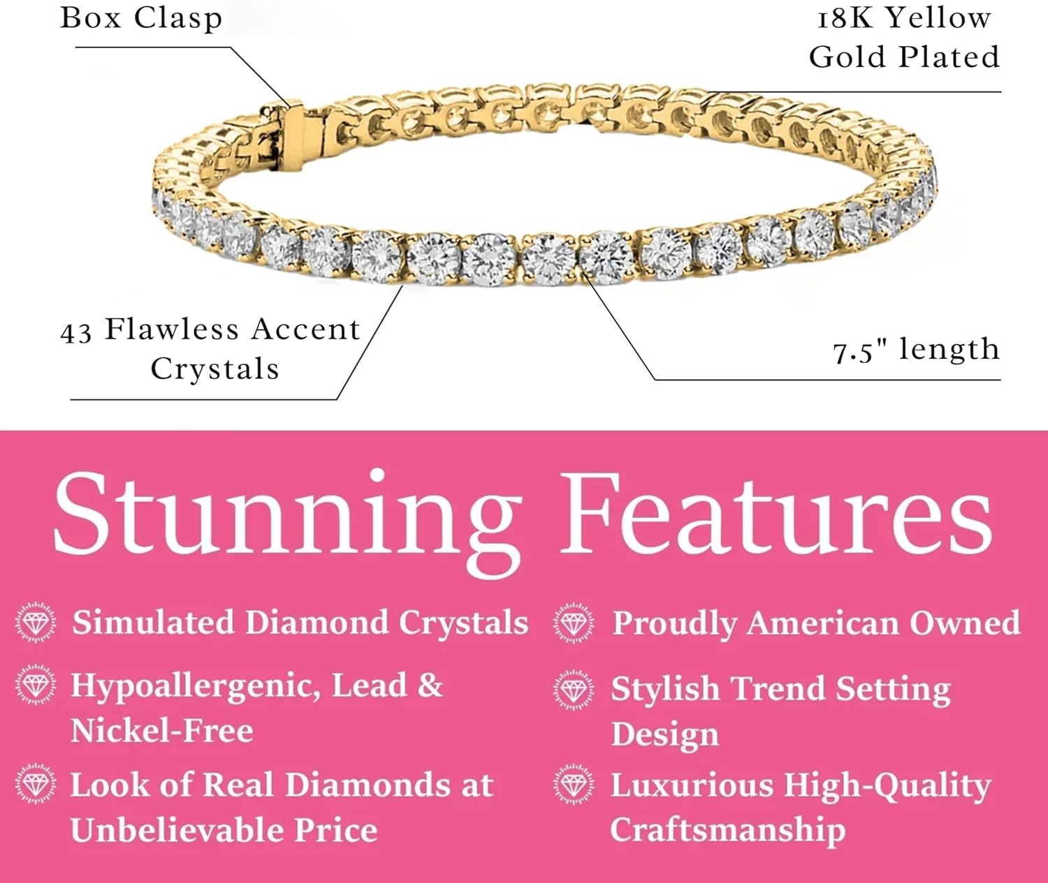 Cate & Chloe Olivia 18K Gold-Plated Tennis Bracelet | Jewelry for Women with Cubic Zirconia Crystals | 7.5 Inch Sparkling Stone Bracelet for Everyday Wear | Gift for Her on Birthdays, Anniversary