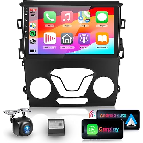 Podofo 4G 64G Radio for Ford Fusion 2013-2020 S/SE Car Stereo with 9in 1280x720P Touch Screen Wireless Carplay Android Auto 5.0 Bluetooth WiFi DSP 32EQ RDS/FM Radio GPS AHD IP69 Backup Camera Mic