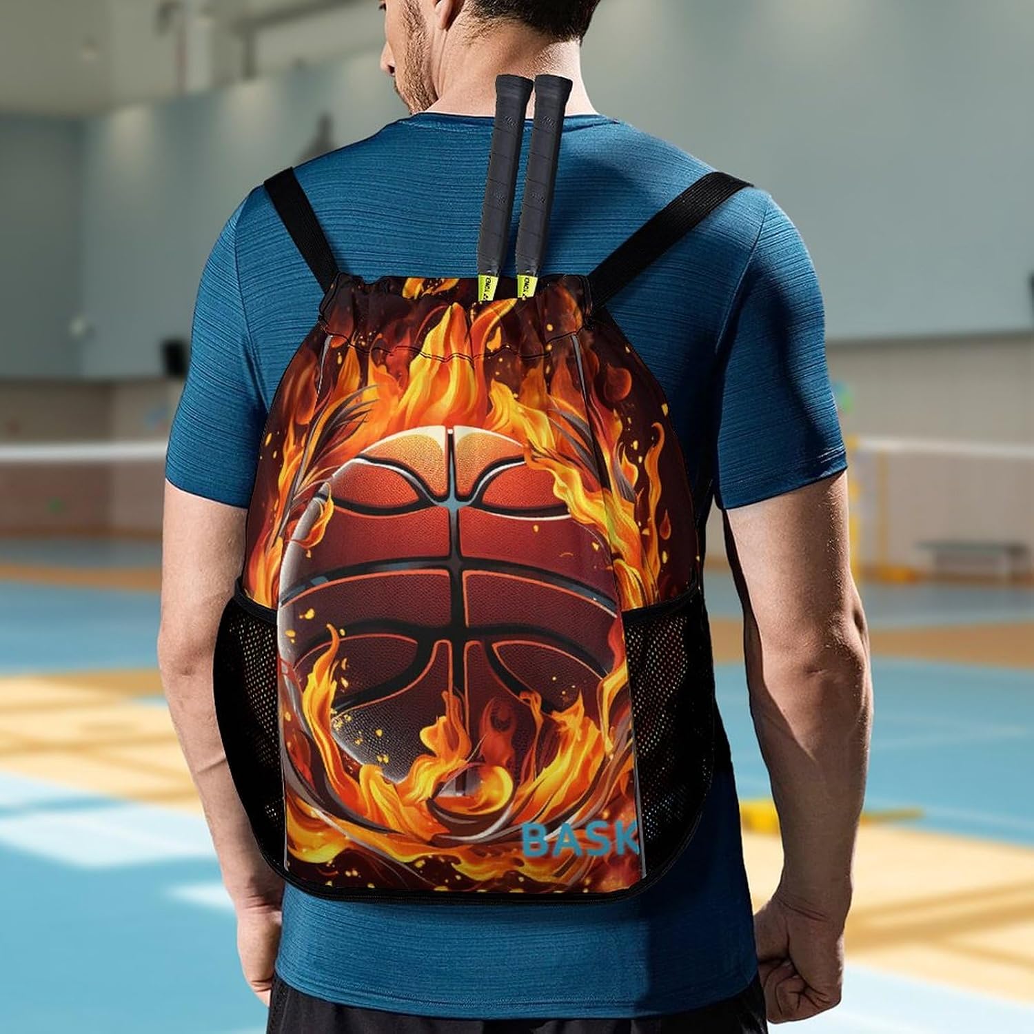 Drawstring Backpack Gym Drawstring Bag for Men Basketball Logo with Flames Draw String Bags Gym Bag Cinch Bag