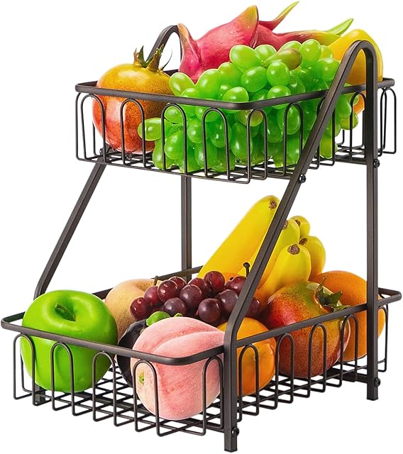 Fruit Bowls 2 Tier Fruit Rack Fruit Basket Veg Rack Metal Storage Rack Keeps Fruits and Veg Fresh,Bronze