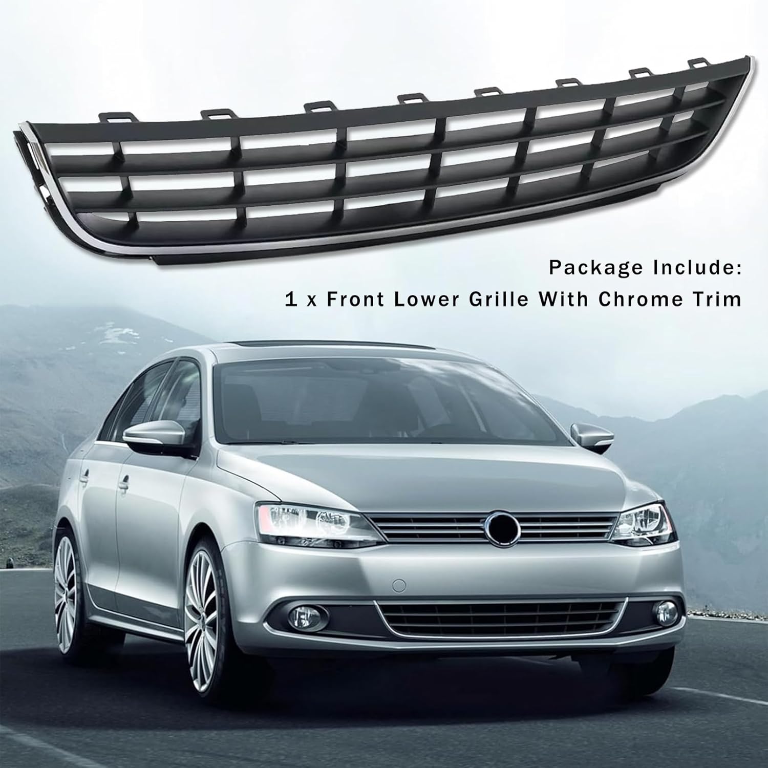 Front Lower Bumper Grille Compatible With 2011-2014 VW Volkswagen Jetta Black With Chrome Trim Grill 5C6853671RYP VW1036120