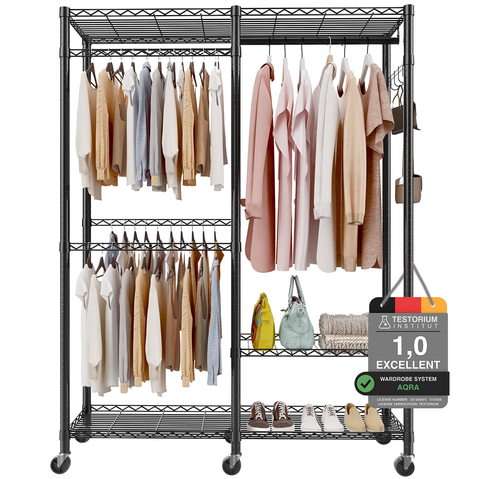 AQRA Clothing Rail, Clothes Rack, 147cm*44cm*197cm, 275kg (606lbs) Max Weight, Heavy Duty Clothes Rail with 3 Tiers Adjustable Shelves, Clothes Rails for Bedroom with 3 Rods and Side Hooks Black