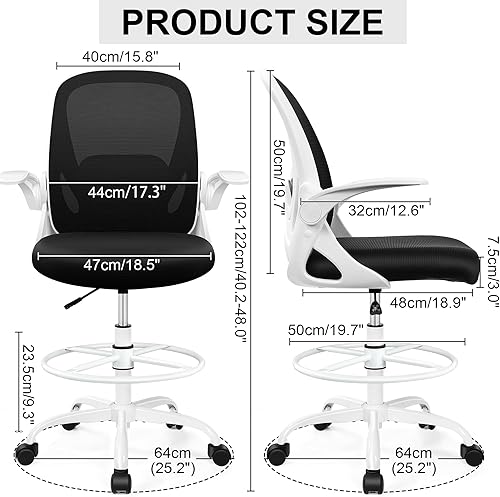 Miniatura 2 de Silla de dibujo alta de oficina con reposabrazos abatibles, altura ajustable y soporte lumbar mejorado, taburete ergonómico rodante, soporte