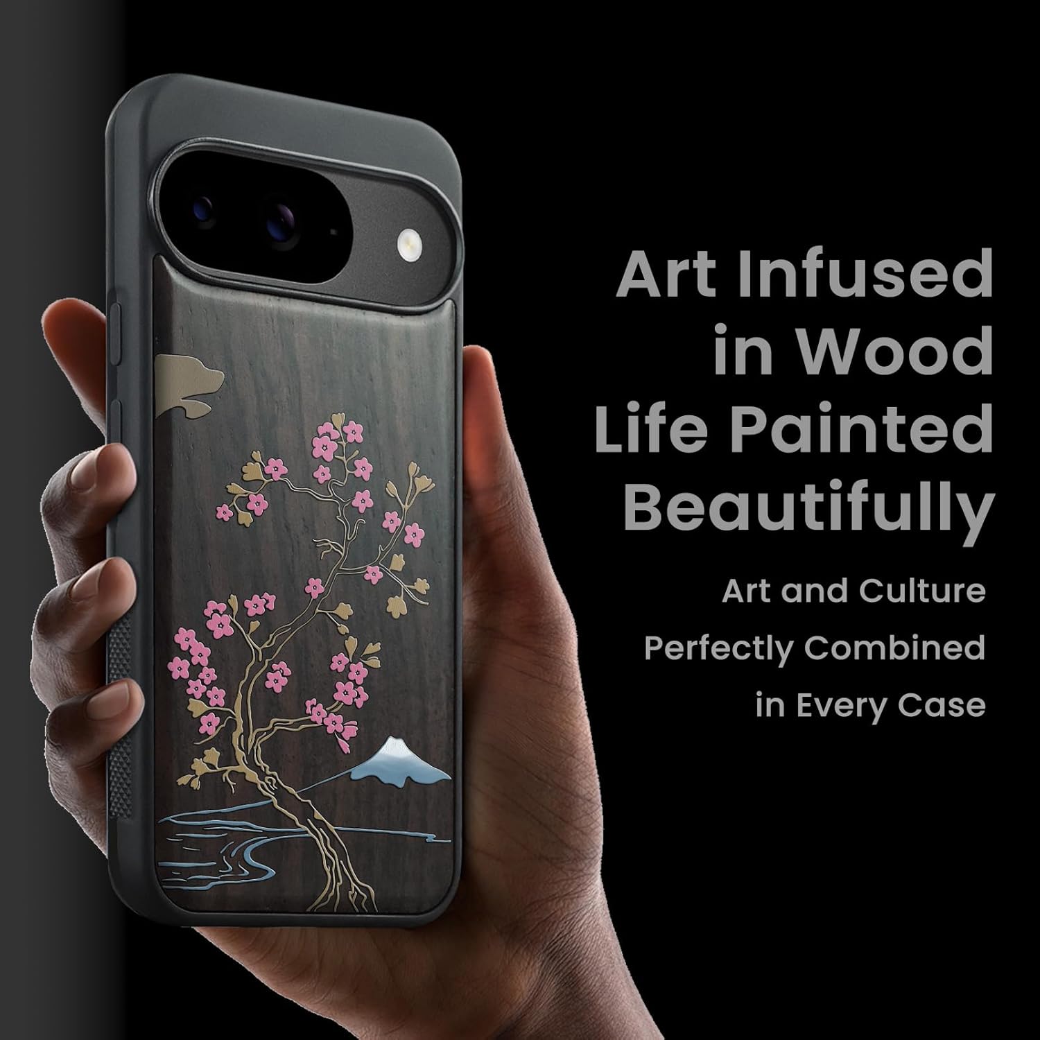 Magnetic for Google Pixel 9 / Pixel 9 Pro Case Compatible with MagSafe Wireless Charging, Natural Wood Cover & Shockproof TPU Phone Case, Hand-Drawn Pattern - Cherry Blossom Serenity