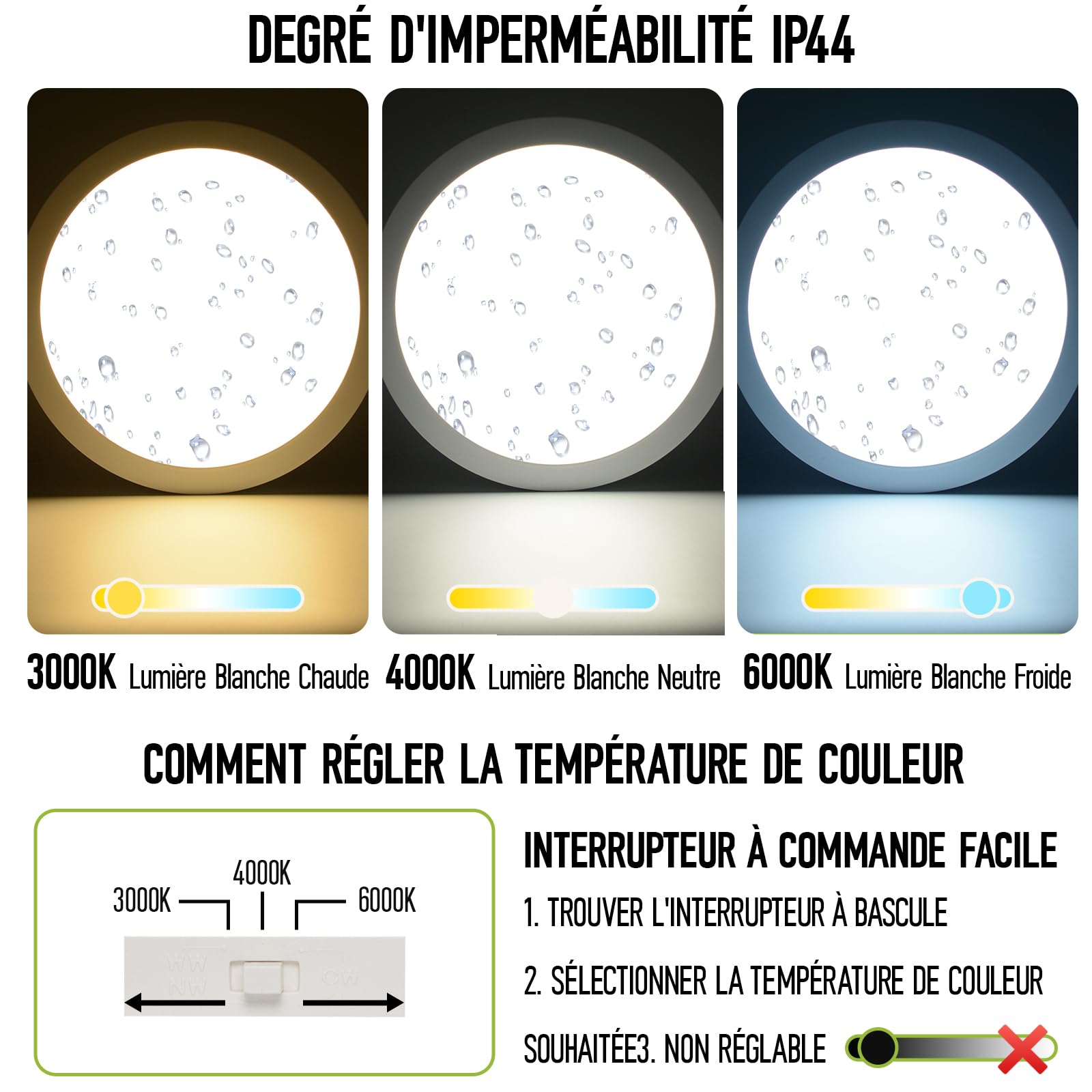 Plafonnier LED Plat Et Rond 36W Panneau Lumineux Ø400mm Lampe Salle Bain 2900LM 3CCT 3000K-6000K Blanc Chaud Neutre Froid Non Réglable 85V-265V Aluminium