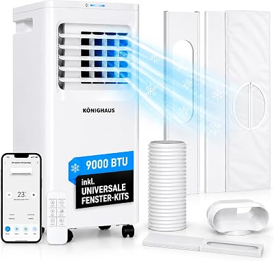 Könighaus Smarte EU Mobile Klimaanlage 9000 BTU – für deutsche Kippfenster geeignet – Kühlung, Entfeuchtung, Ventilator und Luftreinigung – energieeffizient (A) – inkl. Fernbedienung und App