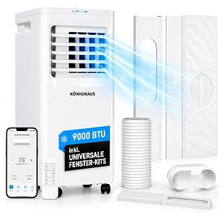 Könighaus Smarte EU Mobile Klimaanlage 9000 BTU – für deutsche Kippfenster geeignet - Kühlung, Entfeuchtung, Ventilator und Luftreinigung – energieeffizient (A) – inkl. Fernbedienung und App - Amazon product rated Grade B