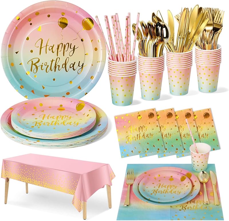 Nkaiso 161 Pcs Rainbow gold Birthday Plates and Napkins Set -20 Serves | Party Supplies Set with Paper Plates Cups Napkins & Silverware, for Birthday Party Decorations