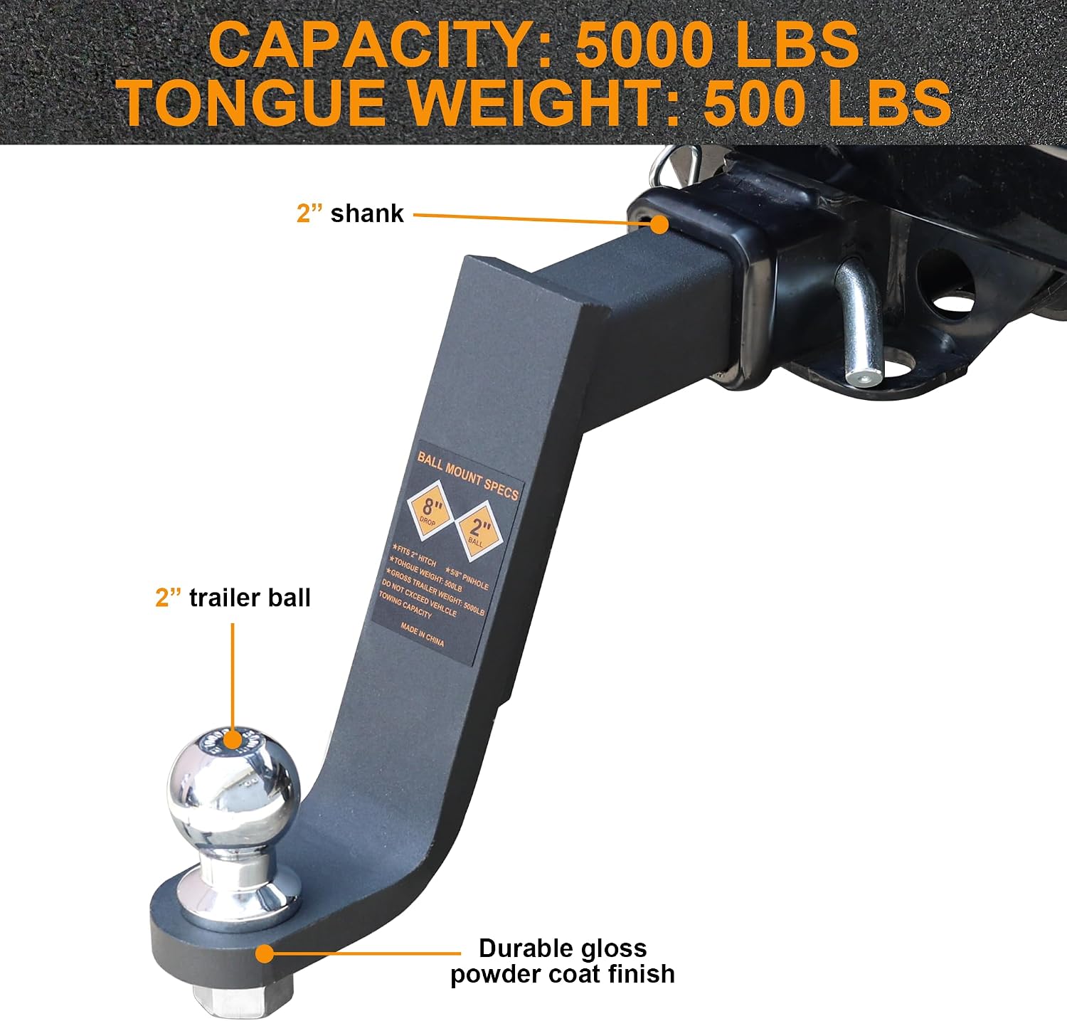 Trailer Hitch Ball Mount Kit with 2 Inch Ball & 5/8 inch Hitch Pin,Fits 2“ Receiver, 8 inch Drop, 5000lbs Capacity,Matte Black Powder Coated+Electrophoresis Treatment