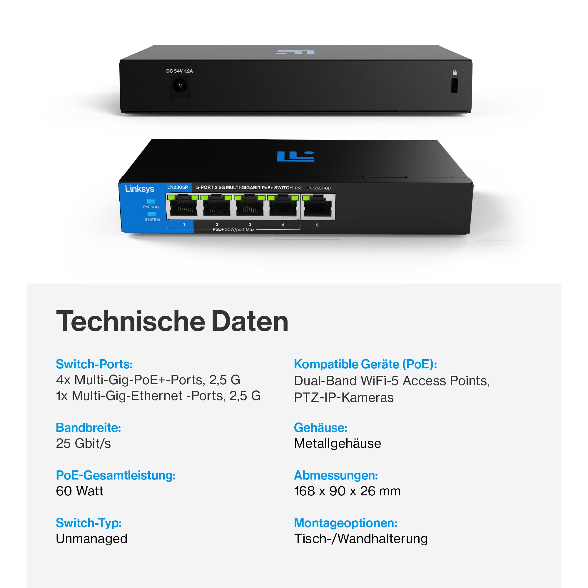 Linksys 5-Port, 2,5 G Multi-Gig Unmanaged PoE+-Switch | Energieeffizientes Ethernet | Full-Duplex-Flusskontrolle | Für kleine Büros/Home-Office | Lüfterloses Design & Metallgehäuse | 60-W-PoE-Leistung