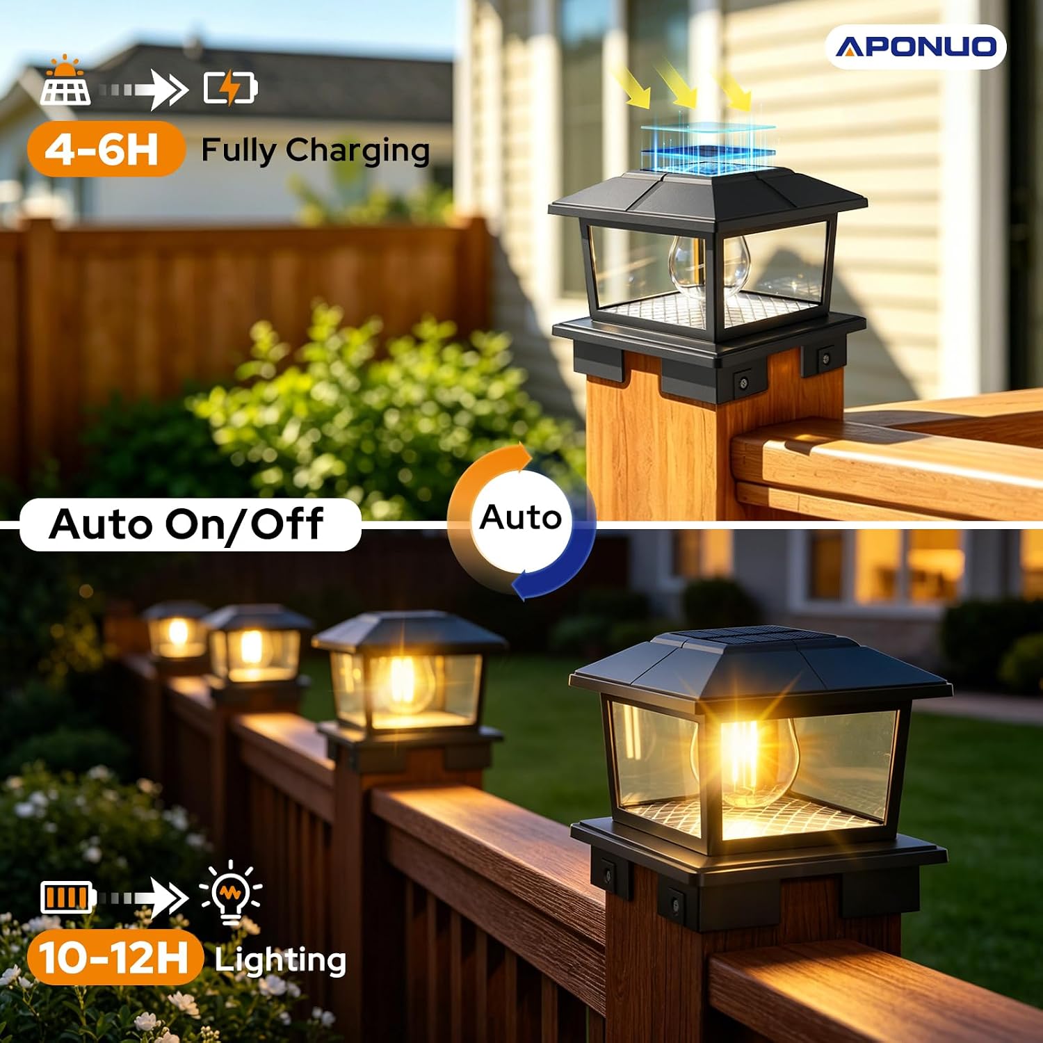 APONUO Solar Post Cap Lights – IP65 Waterproof & 2-Color Retro Edison Bulb (3000K/6500K), Adjustable Base Fits 4x4 5x5 6x6 Wood/Vinyl Posts, 10-12H Runtime for Fence Deck Patio (Black, 2 Pack)