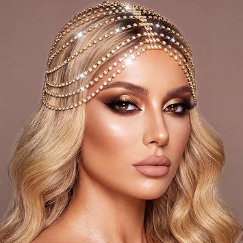 CAKURE Rhinestone Headpiece Roaring 20s Head Jewelry for Women a-gold | Gold Flapper Headpiece 1920s Rhinestone Cap Art Deco Wedding Hair Accesories for Women