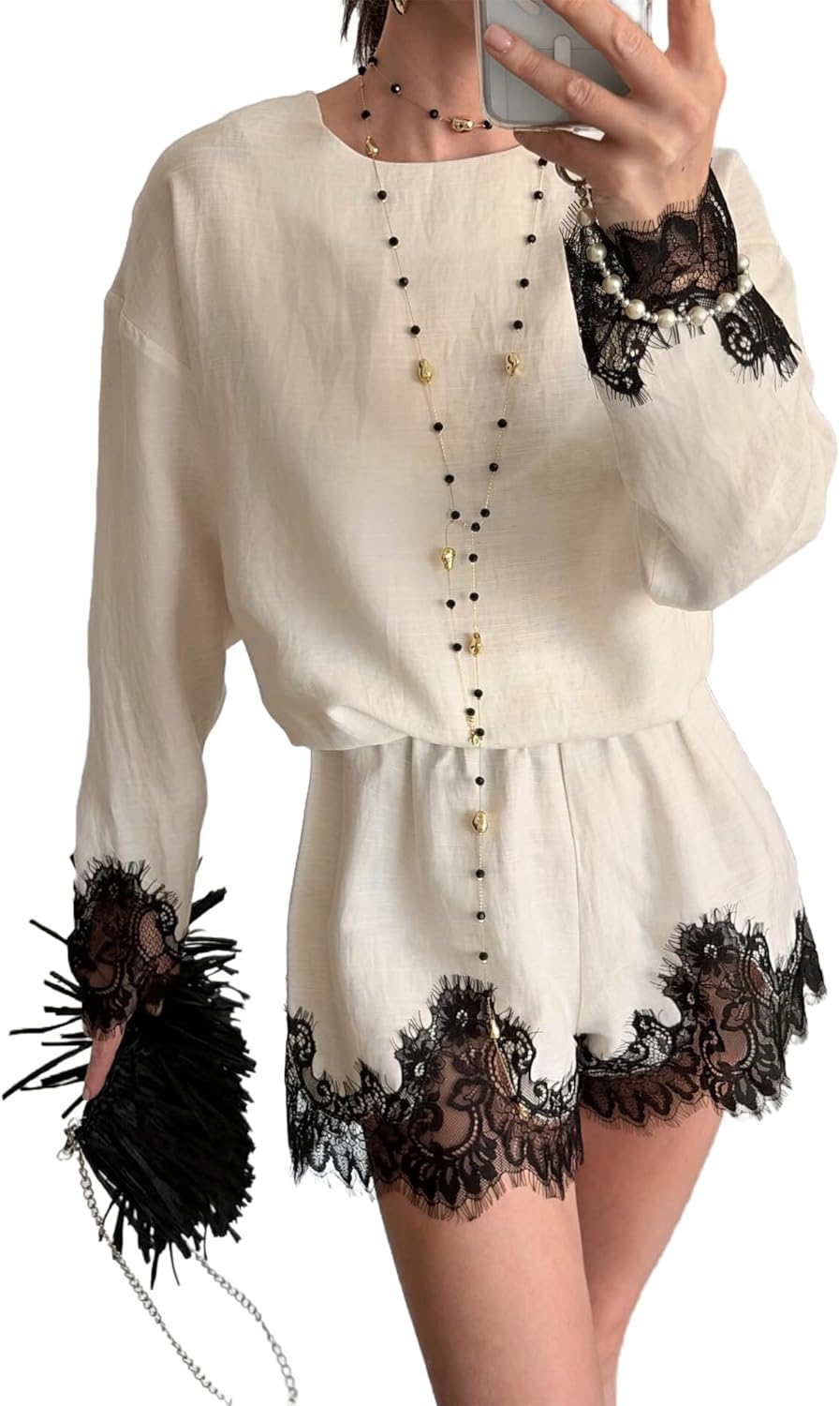VOIKERDR Sexy Two Piece Outfits for Women Lace Patchwork Long Sleeve Top and Shorts Going Out Sets