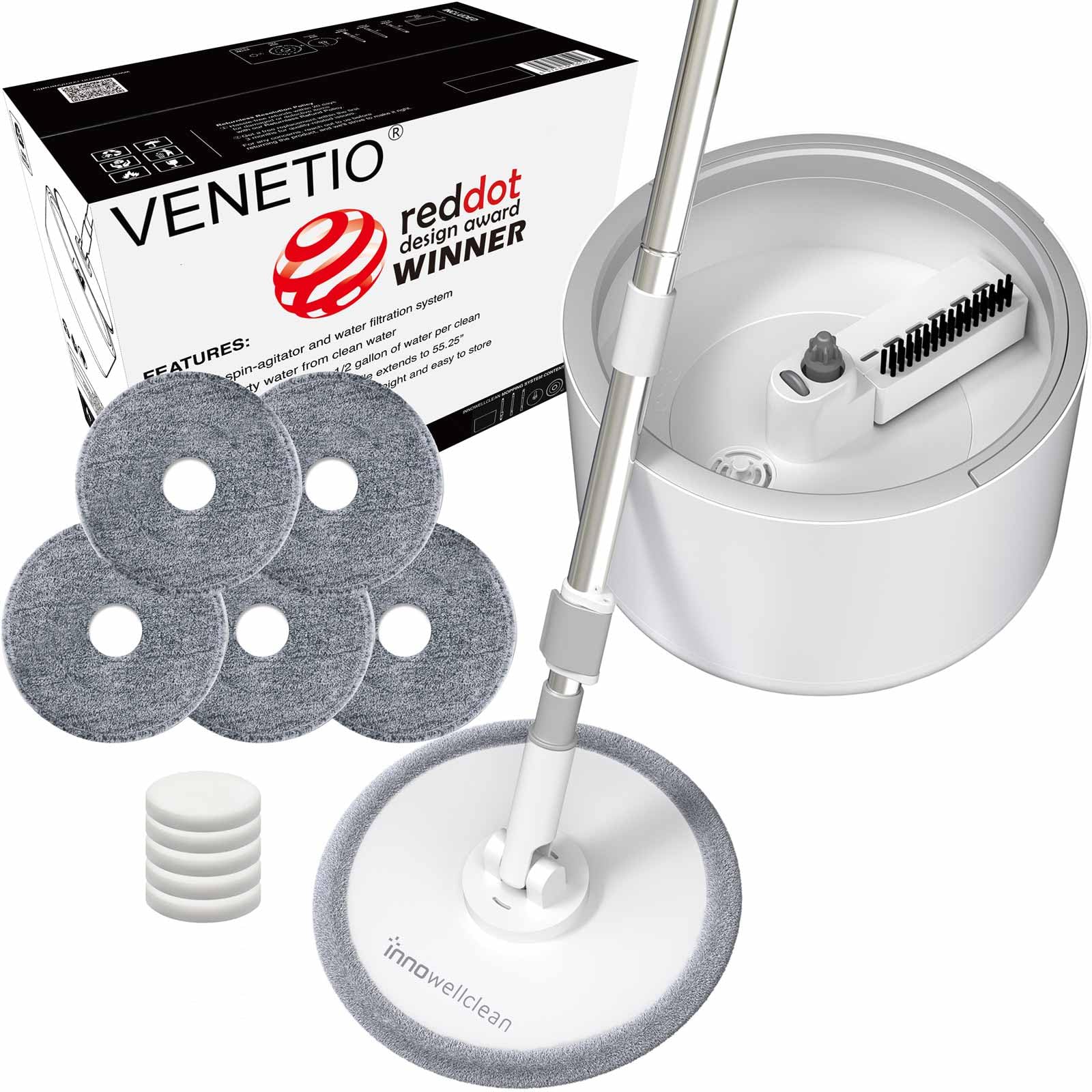 VENETIO Innowellclean Microfiber Spin Mop and Bucket Set with Patented Water Filtration System - Deep Self Cleaning/Dry/Wet All-In-One Floor Mop for Home Hardwood, Tile - Ideal for Pet Owners (6 Pads)